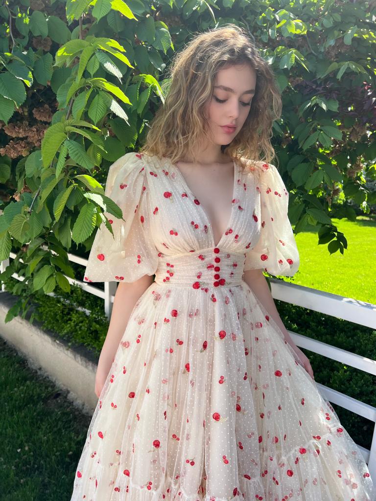 Cream Cherry Midi Dress - Image 3