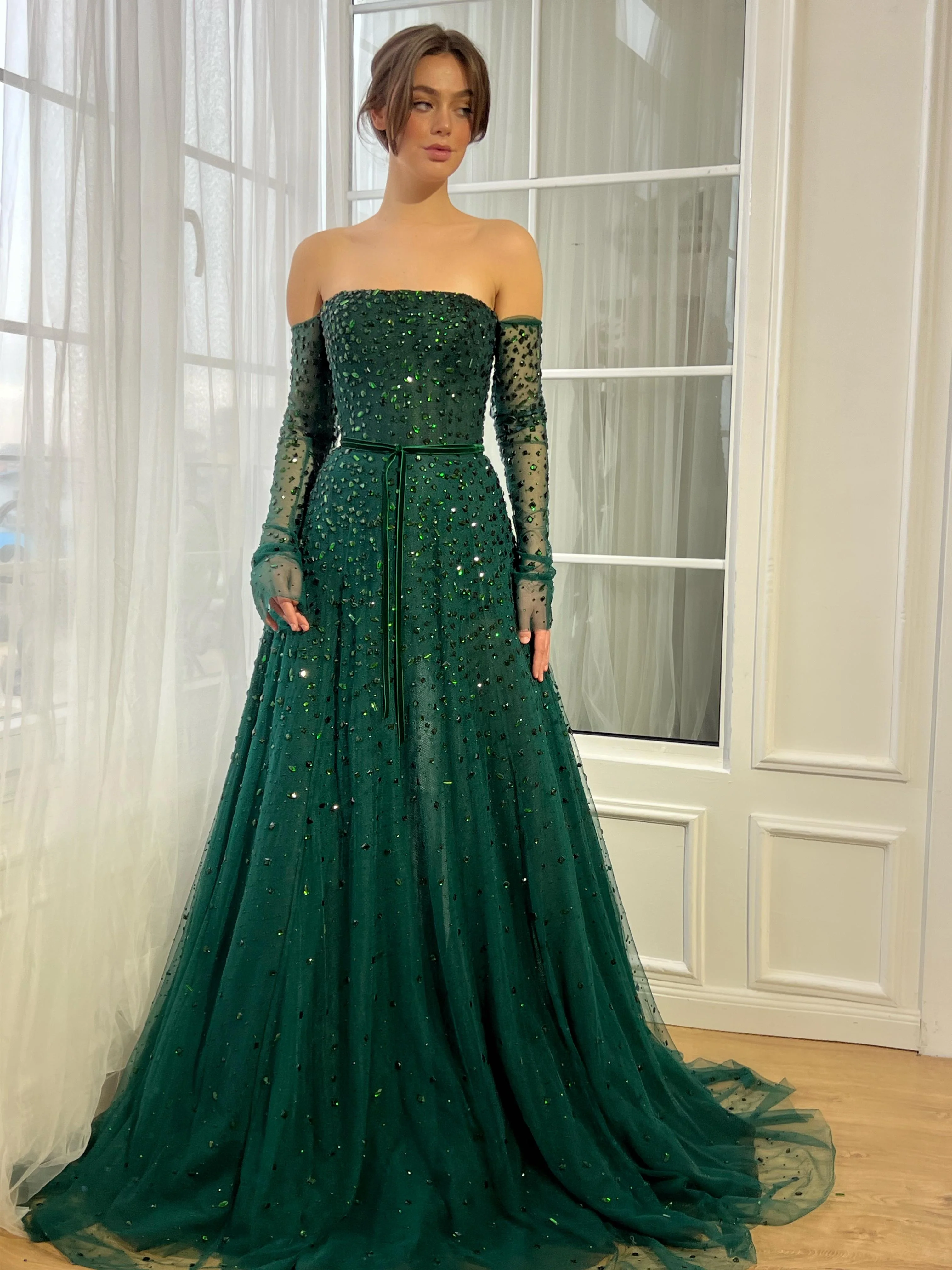Green Gemstone Off-Shoulder Gown - Image 2