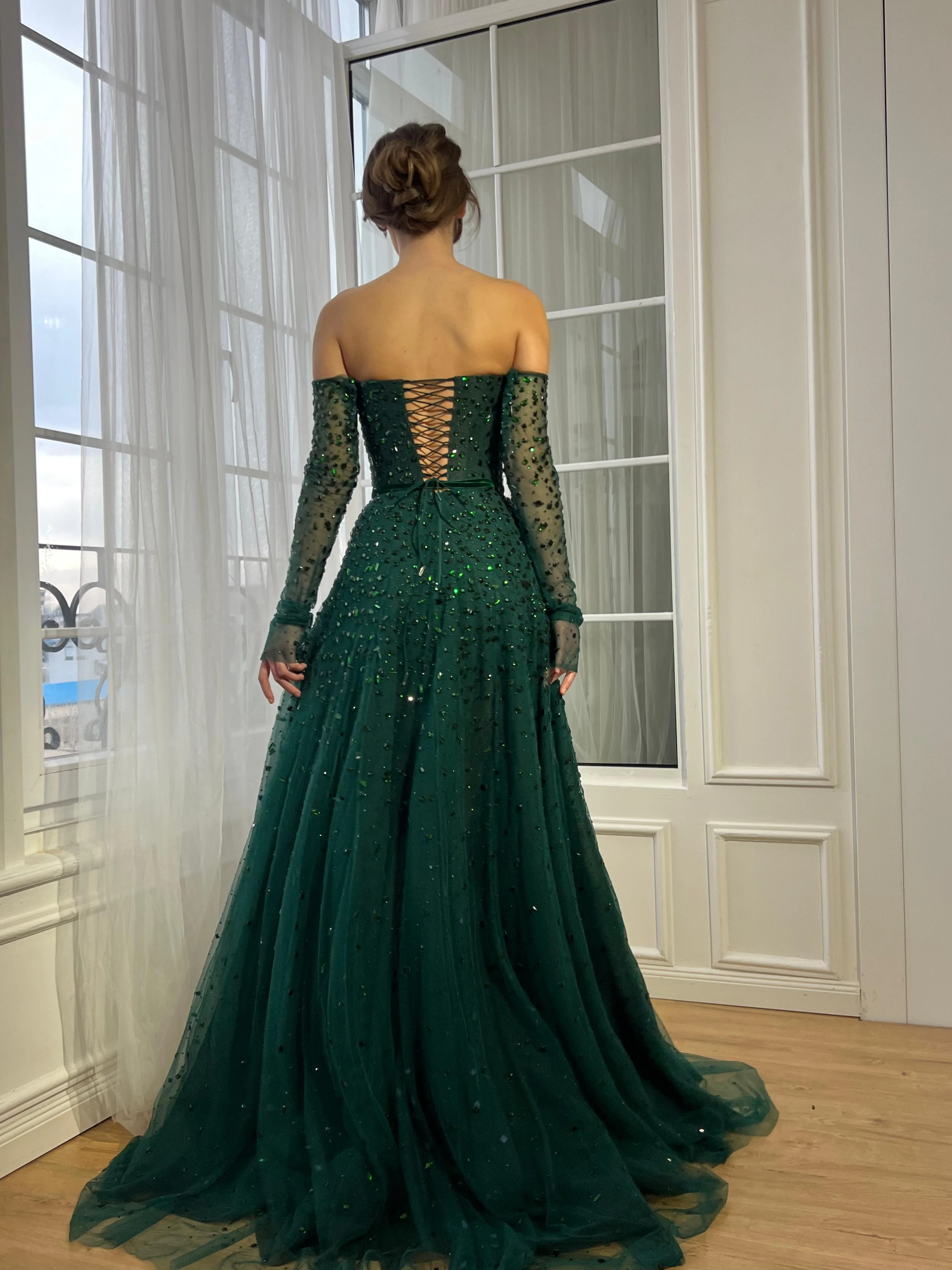 Green Gemstone Off-Shoulder Gown - Image 3