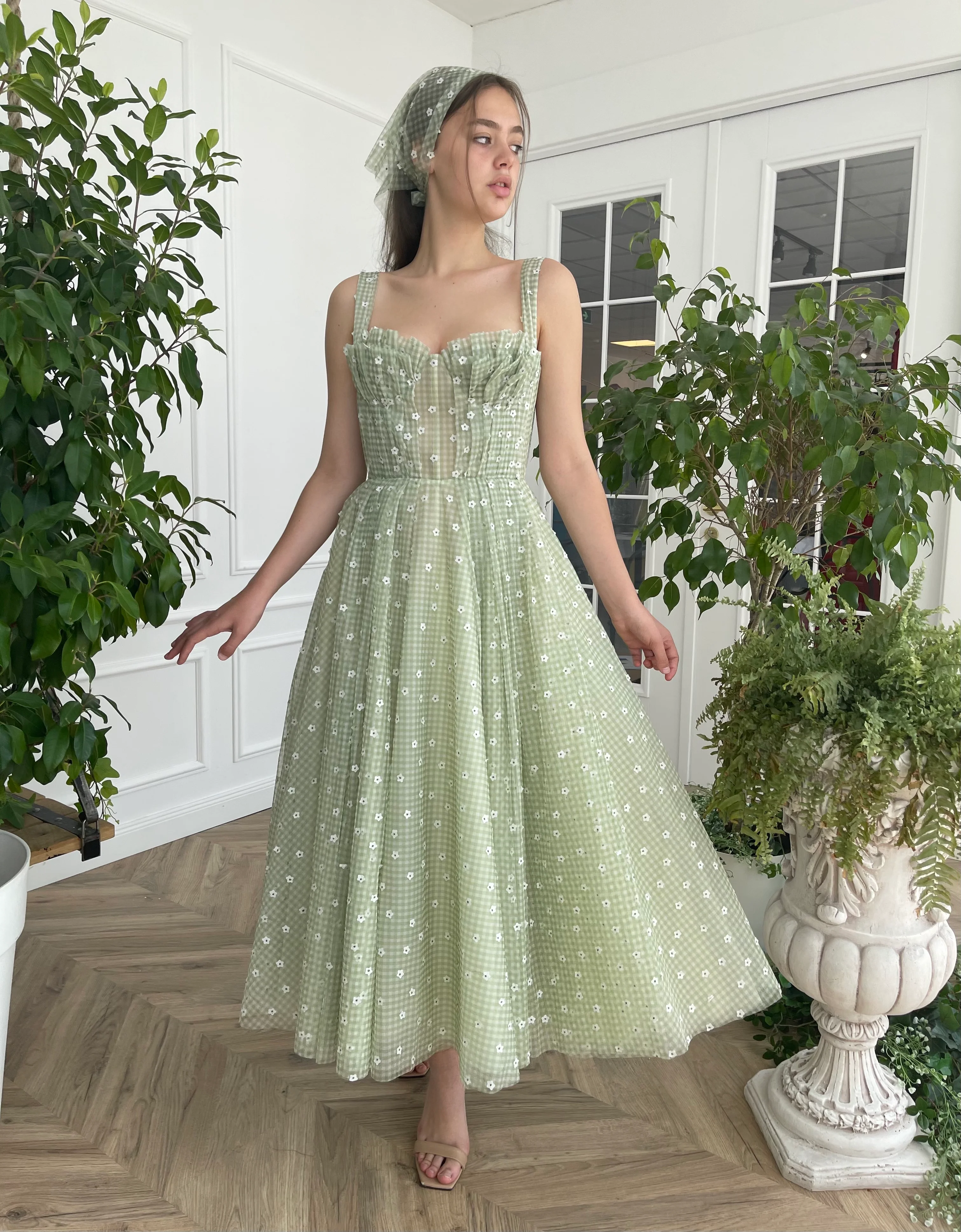 Draped Green Gingham Dress - Image 7