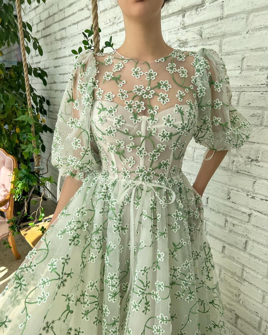 Mint Camelia Puff Sleeve Dress